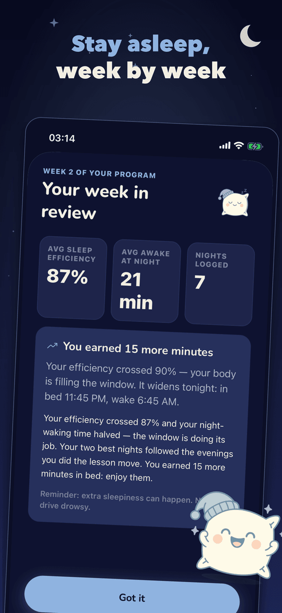 Pluffy weekly report — sleep efficiency improving week by week